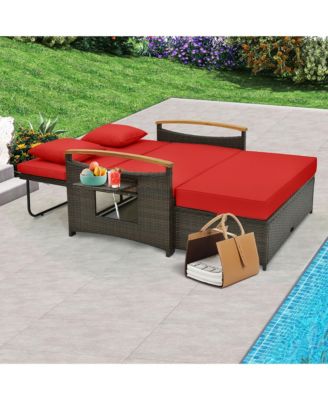 Patio Rattan Daybed Set w/ Cushioned Loveseat and Storage Ottoman