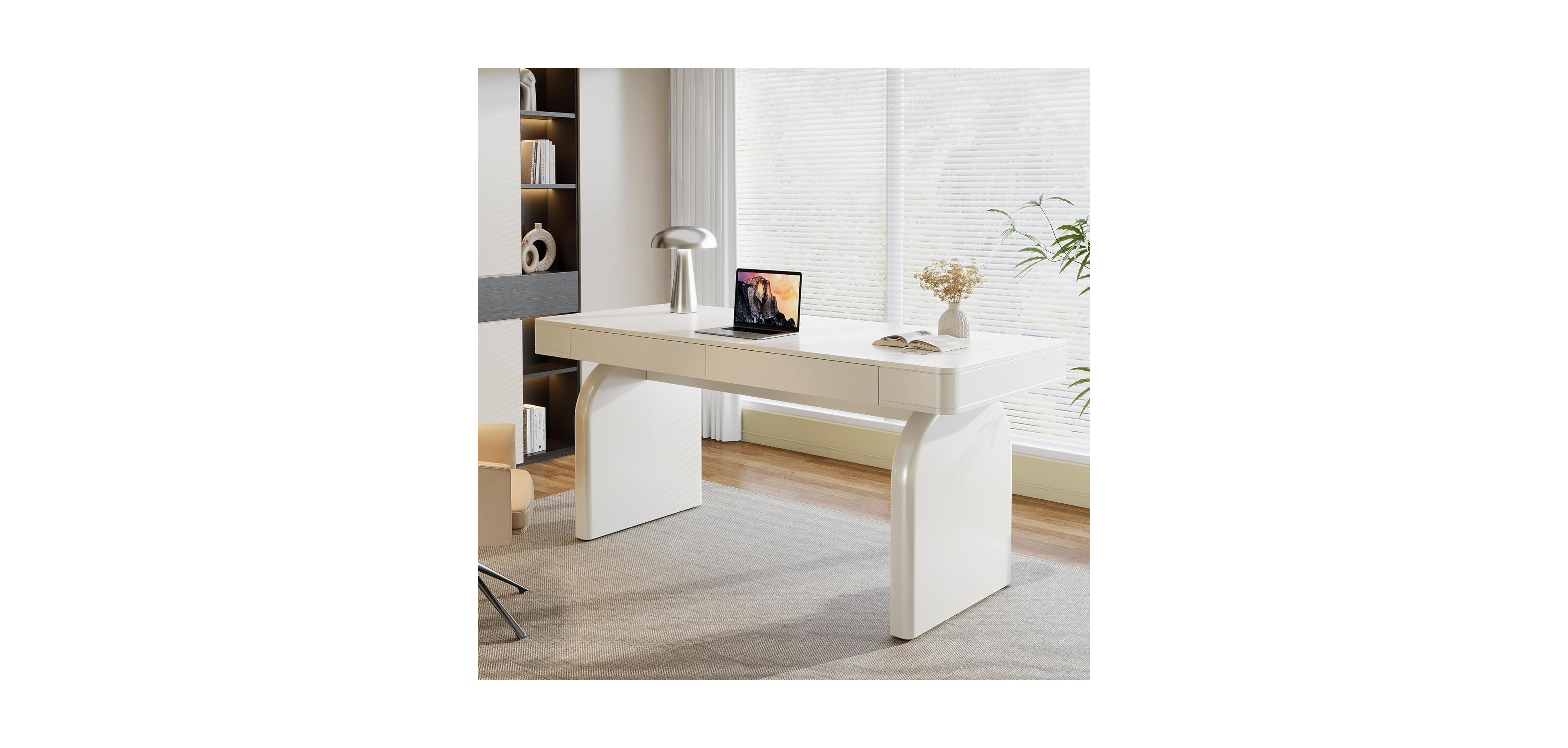 Tribesigns White Desk with Drawers, 63-Inch Modern Executive Office Desk, Glossy Elegant Work Study Desk Writing Table for Home Office