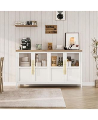 55 Inch Sideboard Buffet Cabinet with Four Glass Doors Large Modern Farmhouse Storage for Kitchen Dining and Living Room