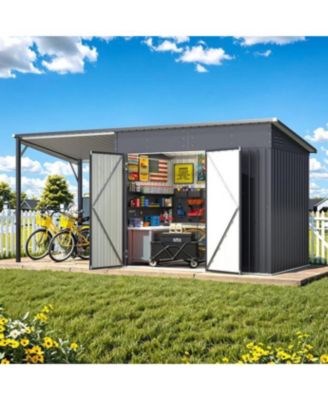 Outdoor Open-Sided Storage Shed with Attached Hardtop Metal Pergola