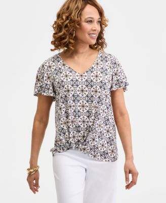 Women's Printed Short Sleeve V-Neck Twist-Front Top