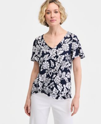 JM Collection Women's Printed Short-Sleeve V-Neck Twist-Front Top