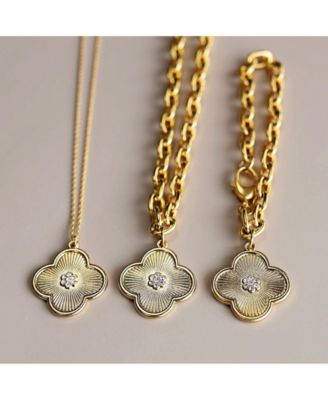 Clover Charm with Micro Pave CZ Center On A Plated Oval Chain Bracelet