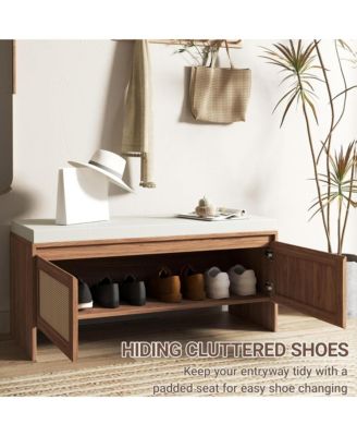 Rattan Entryway Bench, Wooden Bench with Storage and Cushion Seating for Bedroom, Hallway