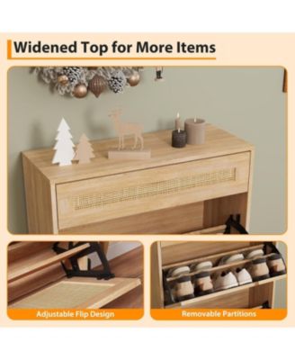 Rattan Shoe Cabinet with 3 Flip Doors and Drawer Freestanding Shoe Organizer with Adjustable Shelves