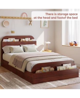 Twin XL Bed Frame with Storage Headboard and Raised Footboard Low Platform Wood Slats No Box Spring Espresso