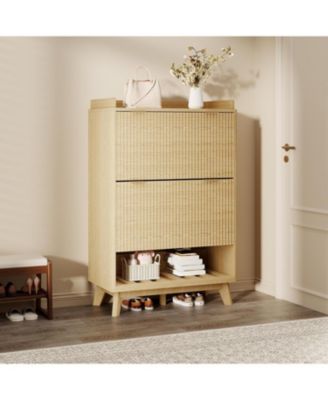 Fluted Shoe Storage Cabinet for Entryway with 2 Flip Drawers and Adjustable Shelves 48 inch Tall Freestanding Narrow Wood Shoe