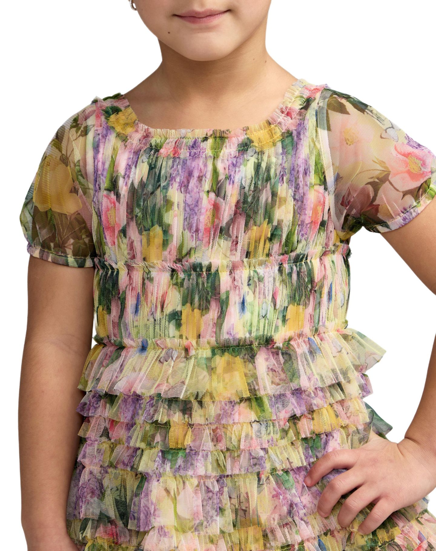 Платье Mac Duggal Floral Scoop Neck Ruffle Dress для девочек, цвет: Жёлтый разноцветный — фото 5