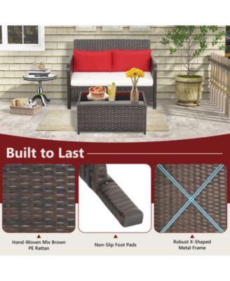 2PCS Patio PE Wicker Rattan Loveseat Sofa Set w/ Coffee Table and Cushions