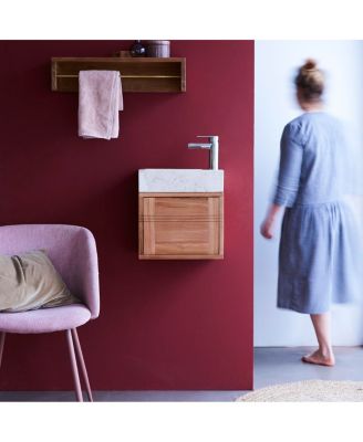 Basic Teak and Marble Bathroom Vanity Cabinet Cream