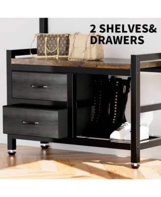 Entryway Coat Rack - 33.1" Hall Tree with 2 Movable Drawers, Shoe Storage, Garment Racks, 23 Hooks and Shelves for Hallways