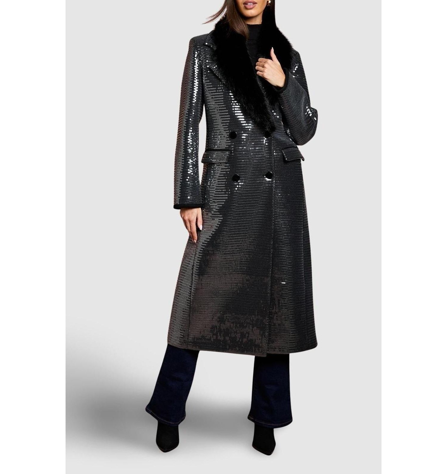 Women's Faux Fur Collar Sequin Longline Coat