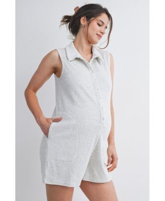 Maternity Sleeveless Button-Front Nursing Romper with Pockets