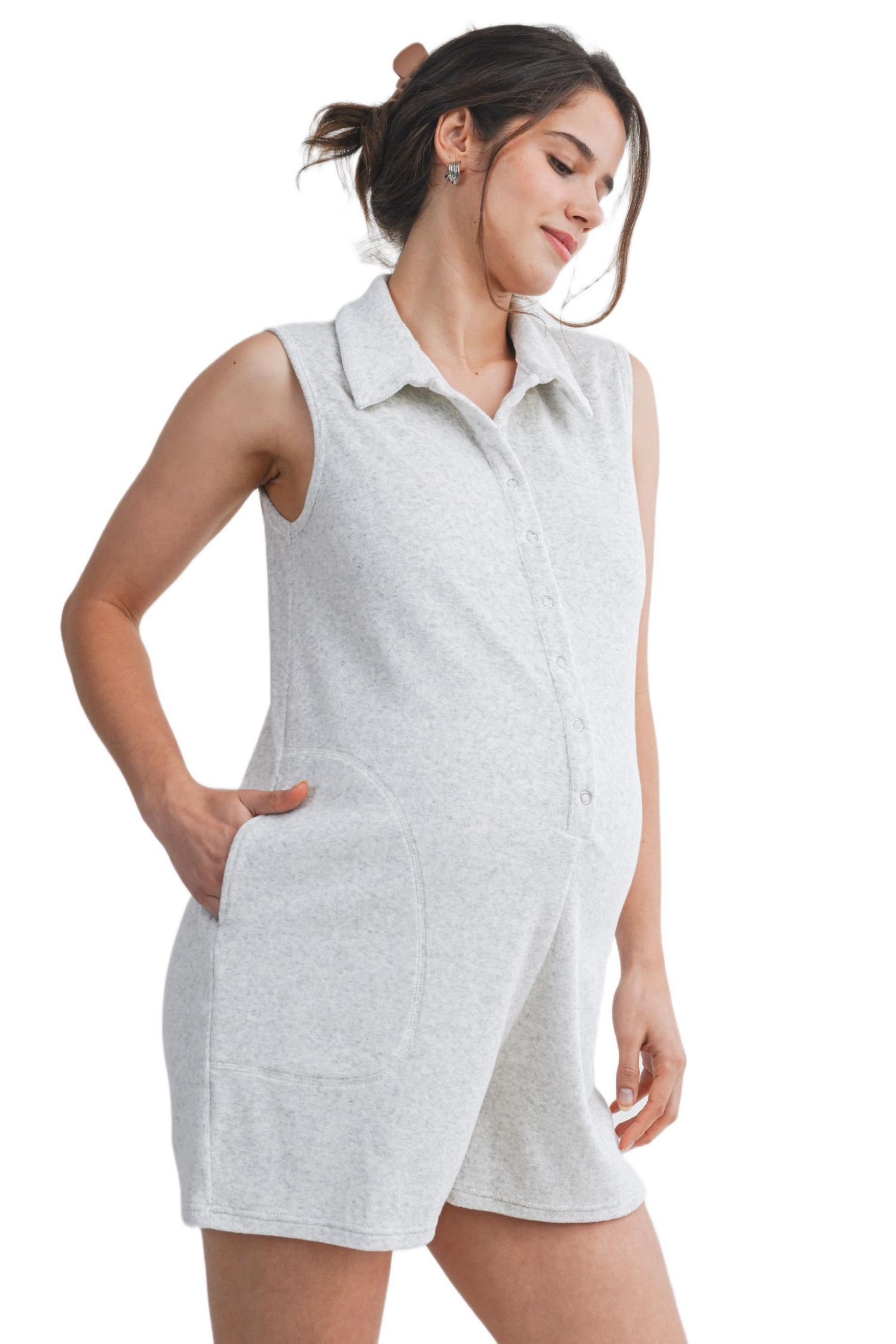 Maternity Sleeveless Button-Front Nursing Romper with Pockets
