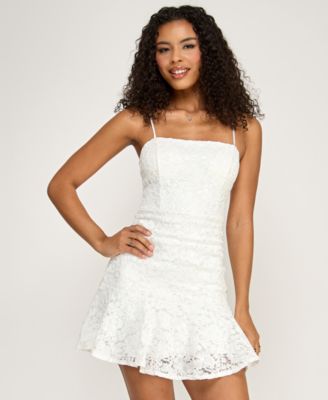 Juniors' Sequin Lace-Up Back Square Neck Short Dress