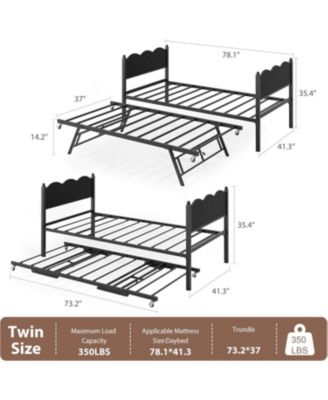 Daybed with Trundle Metal Slat Support, Lockable Casters, Wavy Wood Grain Headboard, Space-Saving Sofa Bed for Living/Guest Room