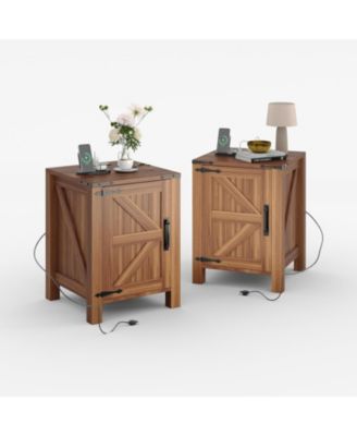 Bedside Tables Set of 2 with USB Charging Station – Rustic Wooden Bedside Tables with Sliding Barn Door, Adjustable Shelf