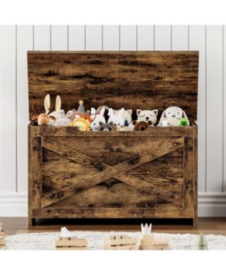 30 Inch Wooden Storage Bench with Safety Hinges Side Handles Toy Chest Entryway Organizer Vintage Finish