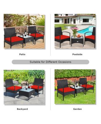 3 PCS Patio Wicker Rattan Furniture Set Coffee Table & 2 Rattan Chair w/ Cushion