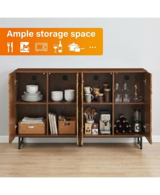 59" Modern Solid Wood Sideboard with Wave Relief & Iron Legs