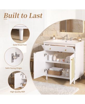 Freestanding Bathroom Vanity with Sink, Solid Wood & MDF Cabinet, Tip Drawer & Adjustable Shelf for Modern Storage