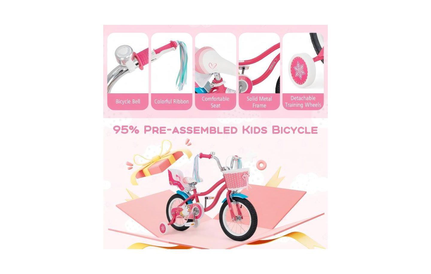 Детская игрушка HONGGE 14 Inch Girls Bike with Doll Seat and Training Wheels, Ages 3-5, цвет: Розовый — фото 9