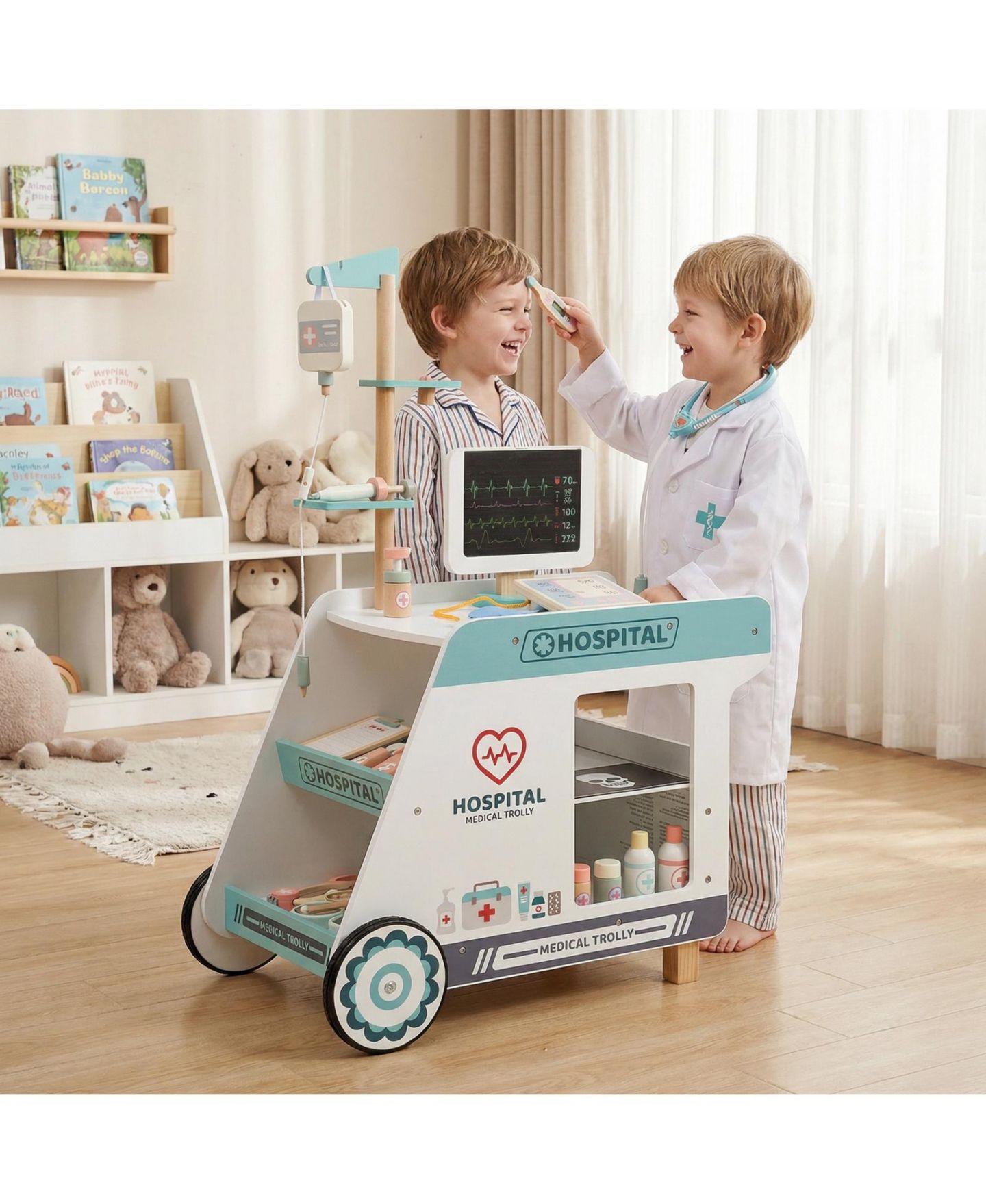 Детский игровой набор Slickblue Doctor Wooden Cart Playset, 1-Piece, Ages 3+, цвет: Зелёный / Белый — фото 2