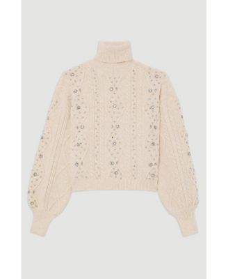 Women's Wool Blend Embellished Cable Knit Jumper