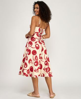 Juniors' Cherry Printed Sweetheart Neck Midi Dress
