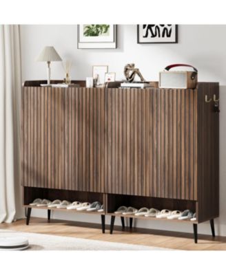 Shoe Cabinet with Doors, 6-Tier Shoe Organizer with 2 Doors & Additional Hooks for Hallway, Entryway