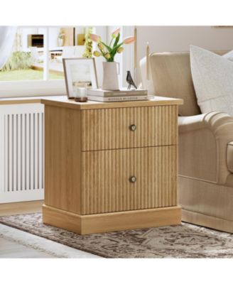 Fluted Nightstand with Drawers, Mid Century Modern Bedside Table, Light Wood Nightstand with Storage