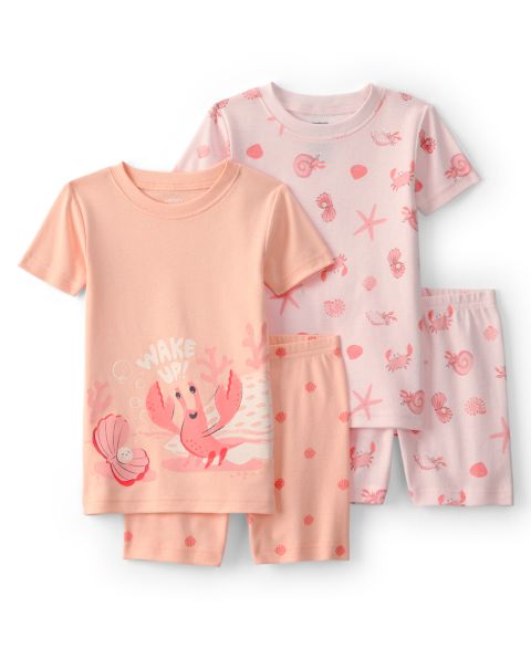 Пижамный комплект Snug, короткий рукав, 4 предмета — Carter's, цвет: Розовый / Оранжевый