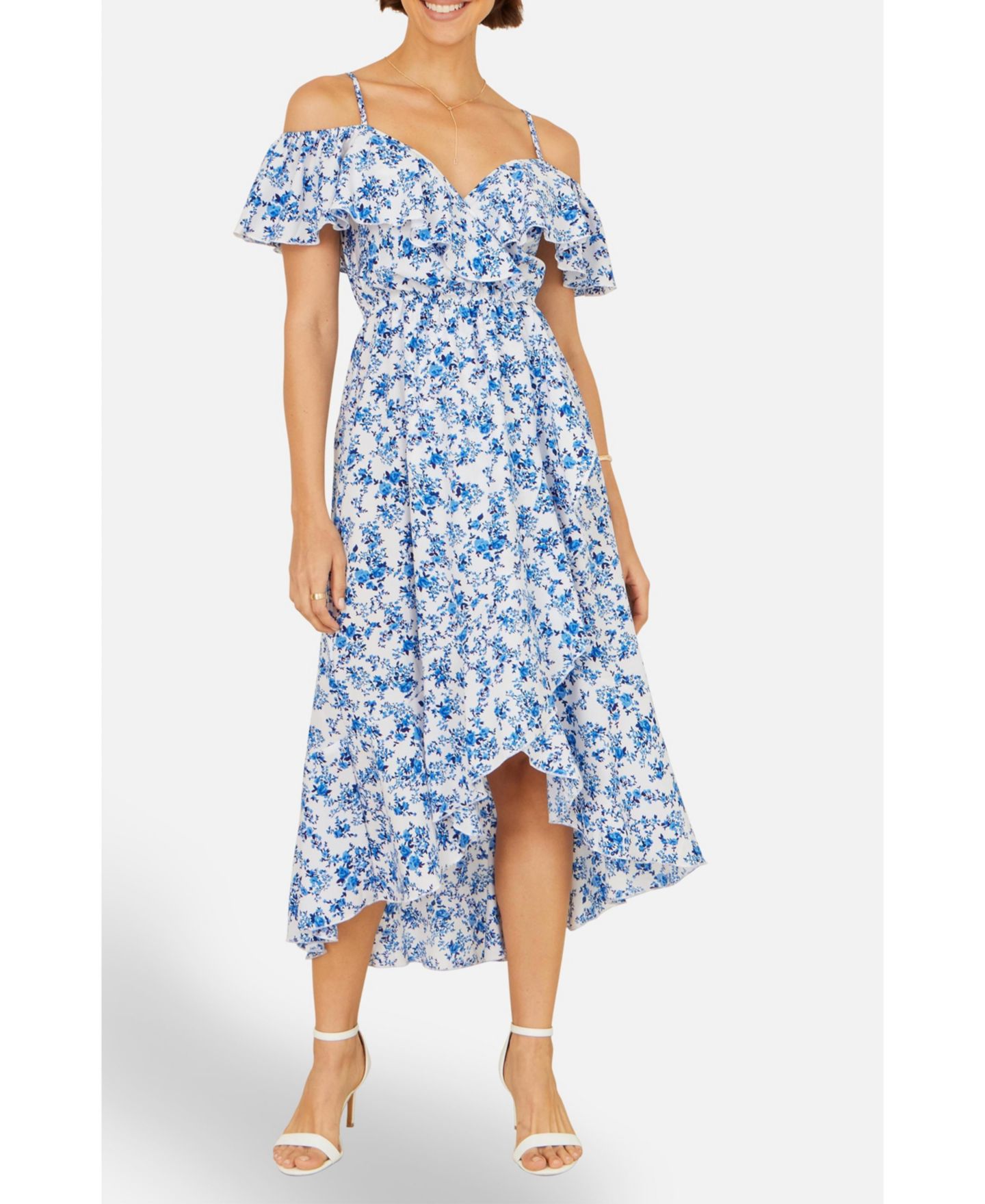 Женское платье Yumi Floral Print Bardot Midi, цвет: Синий — фото 4