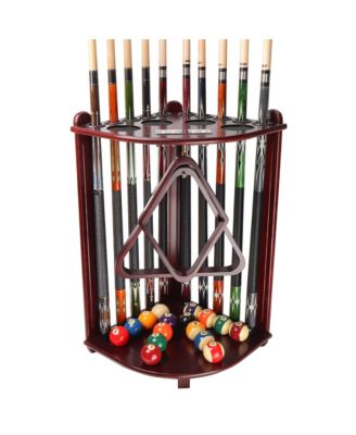 Wood 10 Corner Style Pool Cue Rack with Score Counter, Metal Hook, and Drink Holders