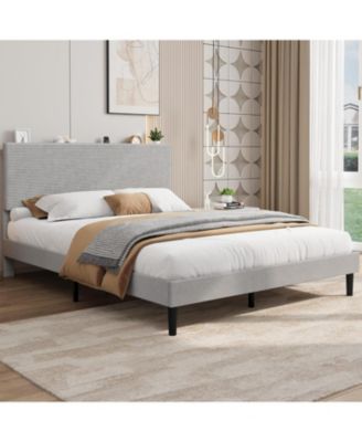 Queen Size Bed Frame with USB Charging Station, Corduroy Upholstered Platform Bed Frame with Adjustable Storage Headboard, Wooden Slats Support