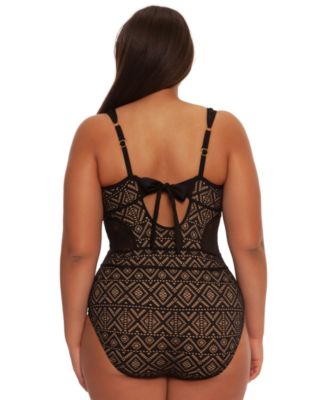 Plus Size Color Play Crochet Plunge One-Piece Swimsuit