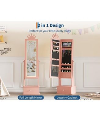 Kids Jewelry Armoire with Full-Length Mirror and LED Light, Child Jewelry Cabinet with 3 Storage Drawers
