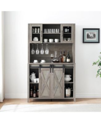 Farmhouse Coffee Bar and Wine Cabinet with Sliding Barn Doors  Tall Pantry Hutch  Wine and Glass Rack
