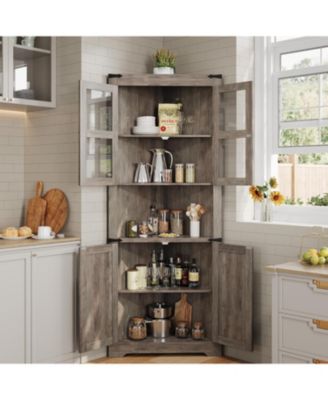 Rustic Farmhouse Tall Corner Cabinet Storage Cabinet with Glass Doors and Adjustable Shelves, Corner Display Cabinet for Kitchen