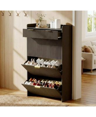 Wave Design Shoe Cabinet with 3 Slip Drawers, 2 Drawers, Raised Edges, Fluted Shoe Cabinet, Slim Hidden Shoe Organizer, Wooden Shoe Storage