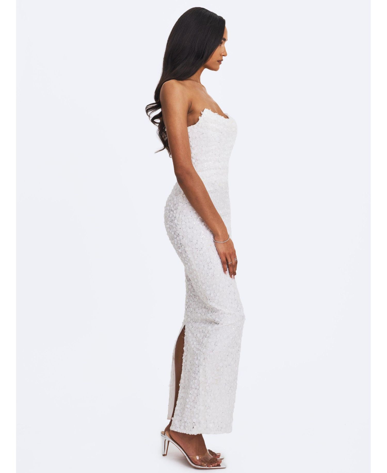 Women's Myra White Beaded Mesh Strapless Wedding Dress