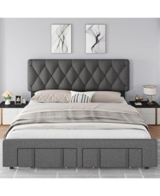 Queen Upholstered Platform Bed Frame with Storage Drawers Solid Wood Slats No Box Spring Needed