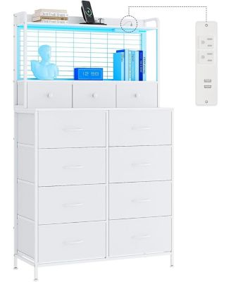 Rustic Dresser for Bedroom with Charging Station, App Controlled RGB LED, Tall Dresser Storage Organizer with 11 Fabric Drawers