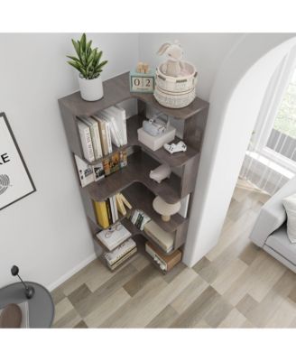 5 Tier L-Shaped Corner Bookshelf, Wooden Open Display Shelve, Storage Rack with Anti-Drop Panels for Living Room or Home Office