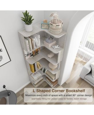 5 Tier L-Shaped Corner Bookshelf, Wooden Open Display Stand and Storage Rack with Anti-Drop Panels for Living Room or Home Office