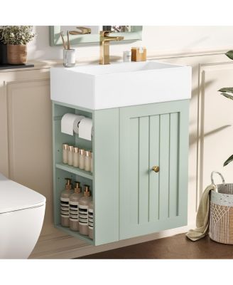 20" Bathroom Vanity with Ceramic Sink, Wall Mounted Storage Cabinet with Drawer & Side Shelf for Small Bathrooms