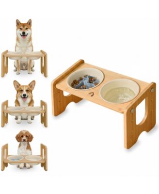 Ceramic Dog Bowl with Stand Adjustable 3 Heights 13&deg; Tilt 2×22 Oz Non-slip Bamboo Stand