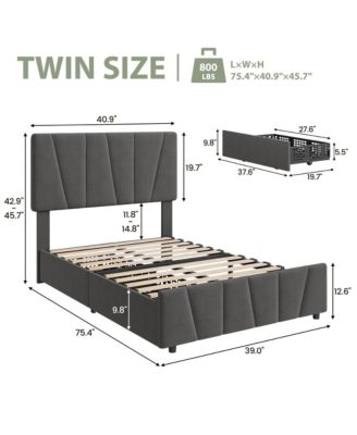 Twin Bed Frame with Adjustable Headboard & 4 Storage Drawers, Velvet Tufted, Wood Slats, No Box Spring Needed