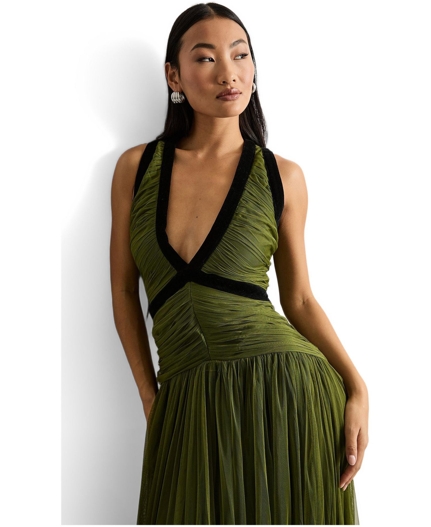 Women's Petite Velvet Trim Tulle Maxi Dress