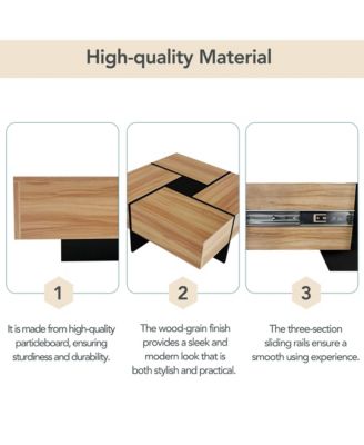 Coffee Table - Square Center Table with 4 Hidden Storage Compartments and Extendable Sliding Tabletop, High-gloss Design for Living Room